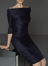 Off-the-Shoulder Satin Mother of the Bride Dress with Half Sleeves and Knee-Length Sheath