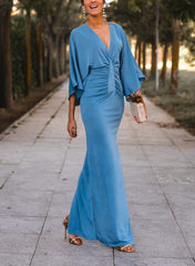 V-Neck Floor-Length Mother of the Bride Dress with Front Split and Half Sleeves