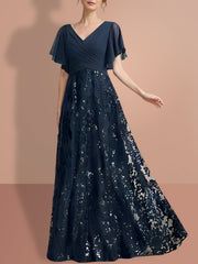 V-Neck A-Line Princess Floor-Length Mother of the Bride Dress with Short Sleeves and Sequins