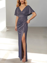 Floor-Length Plunging Neck Mother of the Bride Dress with Draped Sleeve and Side Split
