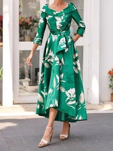 V-Neck A-Line Tea-Length Mother of the Bride Dress with 3/4 Sleeves and Sash