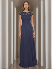 Short Sleeve Floor-Length A-Line Princess Jewel Neck Mother of the Bride Dress with Appliques