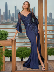 V-Neck Mermaid/Trumpet Mother of the Bride Gown With 3/4 Sleeves Side Split & Floral Appliques