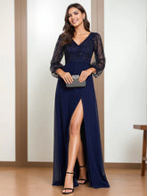 V-Neck A-Line Princess Floor-Length Mother of the Bride Dress with Long Sleeves and Split