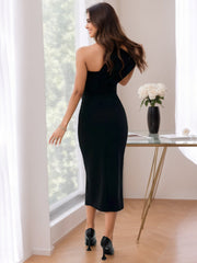 One-shoulder Tea-Length Mother of the Bride Sheath Dress With Side Split & Bow(s)