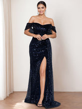 Off-the-shoulder Sequined Mother of the Bride & Groom Column Dress with Front Split