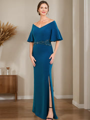 Off-the-Shoulder Sheath/Column Dress for Mothers of the Bride & Groom with Appliques and Side Split