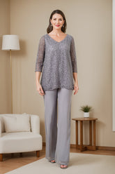 3/4 Sleeve V-Neck Chiffon Mother of the Bride Pantsuit with Sequins