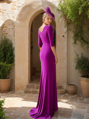 Elegant A-Line Princess Scoop Neck Mother of the Bride Dress with 3/4 Sleeves Ruffles & Flower