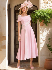 Square Neck Short Sleeve A-Line Princess Mother of the Bride Dress with Ruffles and Appliques