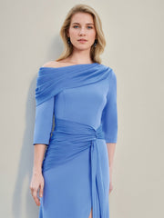 Asymmetrical Sheath/Column Gown with Draped Neckline 3/4 Sleeves and Floor-Length Pleated Chiffon Design Featuring a Slit
