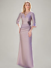 V-Neck Floor-Length Trumpet/Mermaid Mother of the Bride Dresses with Ruched Detail Ruffled Sleeves and Jewel Appliques