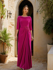 Floor-Length Mother of the Bride Dress with Cowl Neck 3/4 Sleeves Tulle Sash Slit & Jewel Appliques
