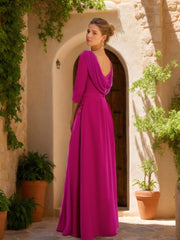 Floor-Length Mother of the Bride Dress with Cowl Neck 3/4 Sleeves Tulle Sash Slit & Jewel Appliques