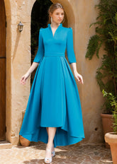V-Neck A-Line Princess Dress with 3/4 Sleeves Asymmetrical Pleats and Sash for Mother of the Bride