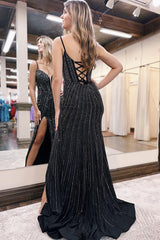 Long Navy Corset Prom Dress with Sparkly Beaded Spaghetti Straps and Mermaid Slit