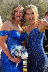 Long Navy Corset Prom Dress with Sparkly Beaded Spaghetti Straps and Mermaid Slit