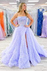 Long Corset Prom Dress in Lilac with A-Line Silhouette and Tiered Tulle Featuring Spaghetti Straps