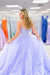Long Corset Prom Dress in Lilac with A-Line Silhouette and Tiered Tulle Featuring Spaghetti Straps