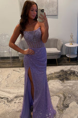 Long Strapless Lavender Corset Dress with Sparkly Sequins and Beading for Prom