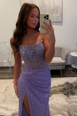 Sparkly Lavender Strapless Long Corset Prom Dress with Sequins and Beading