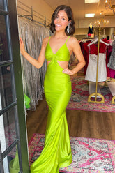 Mermaid-style Long Prom Dress in Satin with Lime Spaghetti Straps and Cut-Out Details