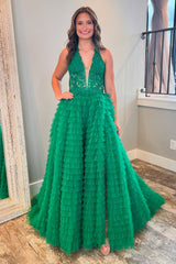 Long A-Line Corset Prom Dress in Dark Green with Halter Neck Tulle Tiered Design and Appliques