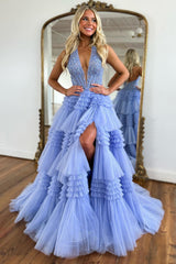 Long Lavender Corset Prom Dress with Halter Neck A-Line Tulle Tiered Design and Appliques