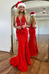 Long Red Mermaid Prom Corset Dress with Halter Neck and Tulle Appliques