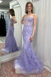 Long Corset Prom Dress with Appliques in Sweetheart Mermaid Style and Lilac