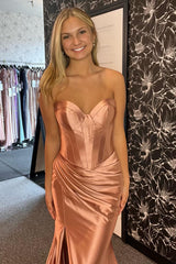 Long Satin Mermaid Prom Dress in Golden Sweetheart with Front Split