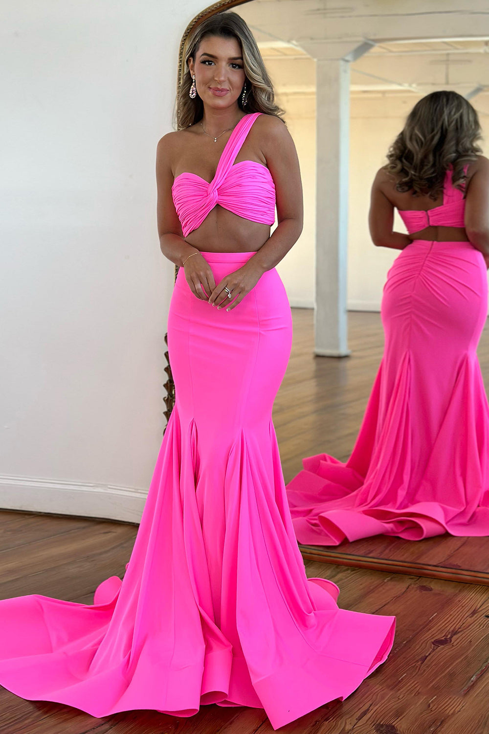 One-Shoulder Mermaid Prom Dress in Hot Pink with Ruched Two-Piece Design