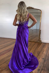 Long Mermaid Prom Dress in Purple Satin with Spaghetti Straps and Slit