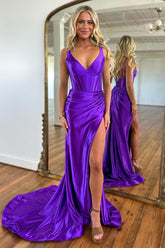 Long Mermaid Prom Dress in Purple Satin with Spaghetti Straps and Slit