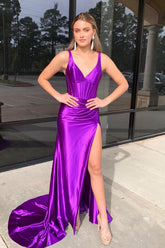 Long Corset Prom Dress in Purple Satin with V-neck Mermaid Cut Ruched Detail and Slit