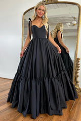 Long Satin Prom Dress with Black Spaghetti Straps in A-Line Style