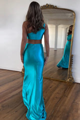 Long Turquoise Prom Dress in Satin with One Shoulder and Mermaid Cut-out