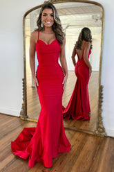 Long Satin Mermaid Prom Dress in Red with Spaghetti Straps and Open Back
