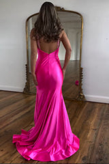 Long Satin Mermaid Prom Dress in Fuchsia with Halter Neck and Beading