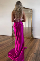 Long Satin Mermaid Prom Dress in Fuchsia with Halter Neck and Appliques