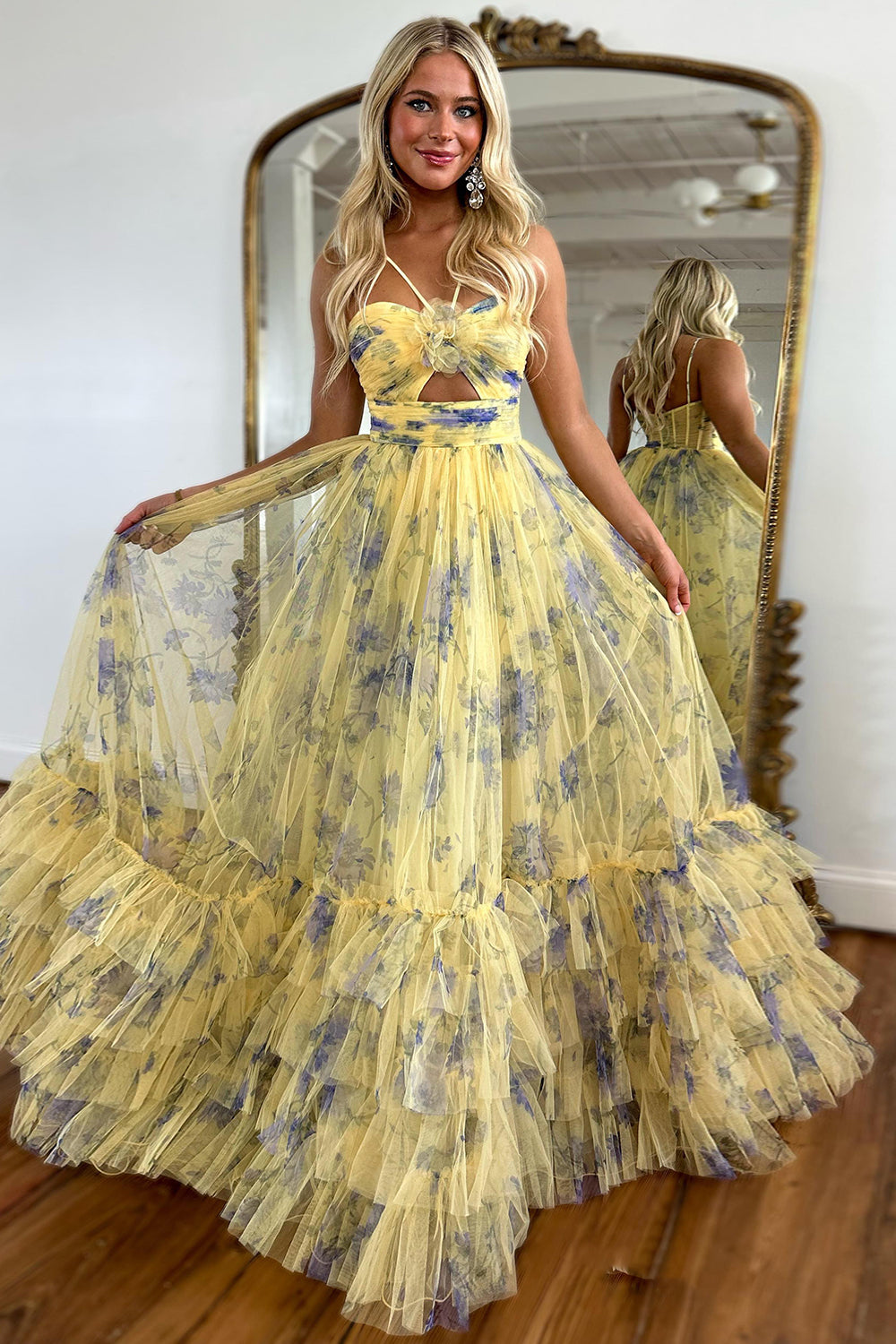 A-Line Long Prom Dress with Yellow Floral Print and Tiered Tulle in Halter Neck