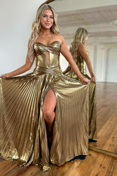 Metallic Golden Sweetheart Long A-Line Corset Prom Dress with Pleats and Slit
