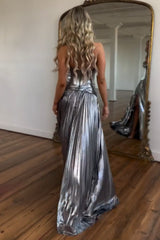 Metallic Golden Sweetheart Long A-Line Corset Prom Dress with Pleats and Slit