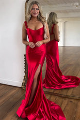Long Backless Red Mermaid Prom Dress in Satin with Spaghetti Straps and Slit