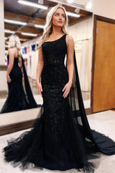 Long Black Corset Prom Dress in Tulle with One Shoulder Cape and Appliques