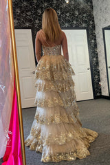 Gold Sequin One-Shoulder Long Corset Prom Dress with Sparkly Tulle Tiered A-Line and Slit