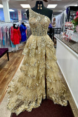 Gold Sequin One-Shoulder Long Corset Prom Dress with Sparkly Tulle Tiered A-Line and Slit