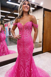 Long Fuchsia Mermaid Prom Dress with Appliques and Off-the-Shoulder Design