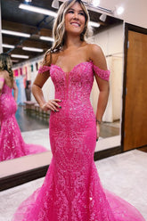 Long Fuchsia Mermaid Prom Dress with Appliques and Off-the-Shoulder Design