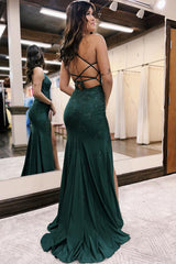 Dark Green Glitter Mermaid Prom Dress with Beaded Spaghetti Straps